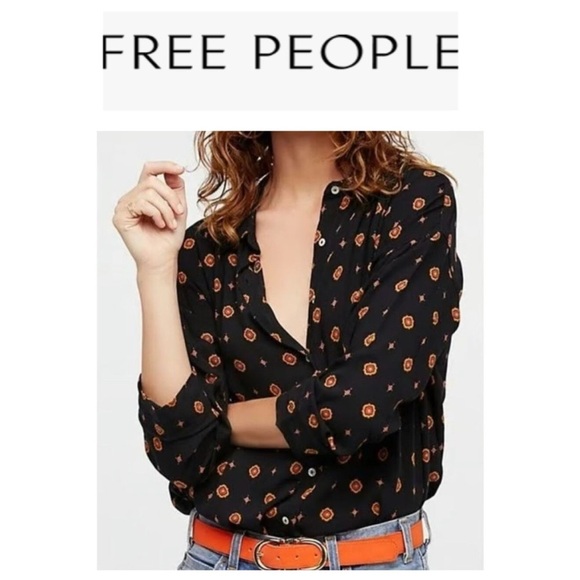 Intimately Free People Black and Orange Button Down Long Sleeve Shirt XS - Picture 1 of 13